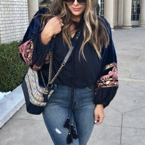 Free People Hearts Aflame Embroidered Navy Boho Velvet Sleeve Peasant Top SZ XS